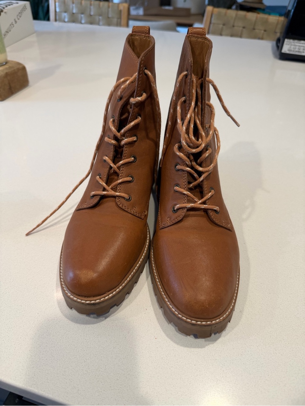 Madewell Cognac Leather Lace-Up Women’s Boots - Picture 3 of 7